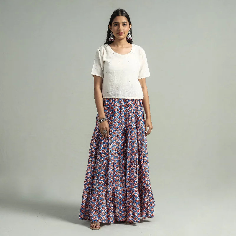 Women's Evening Wear Blue - Sanganeri Block Printed Tiered Cotton Long Skirt