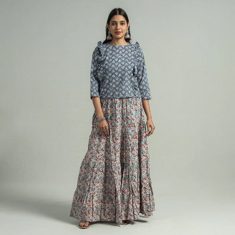 Comfy Women's Outfits for Daily Wear Grey - Sanganeri Block Printed Tiered Cotton Long Skirt