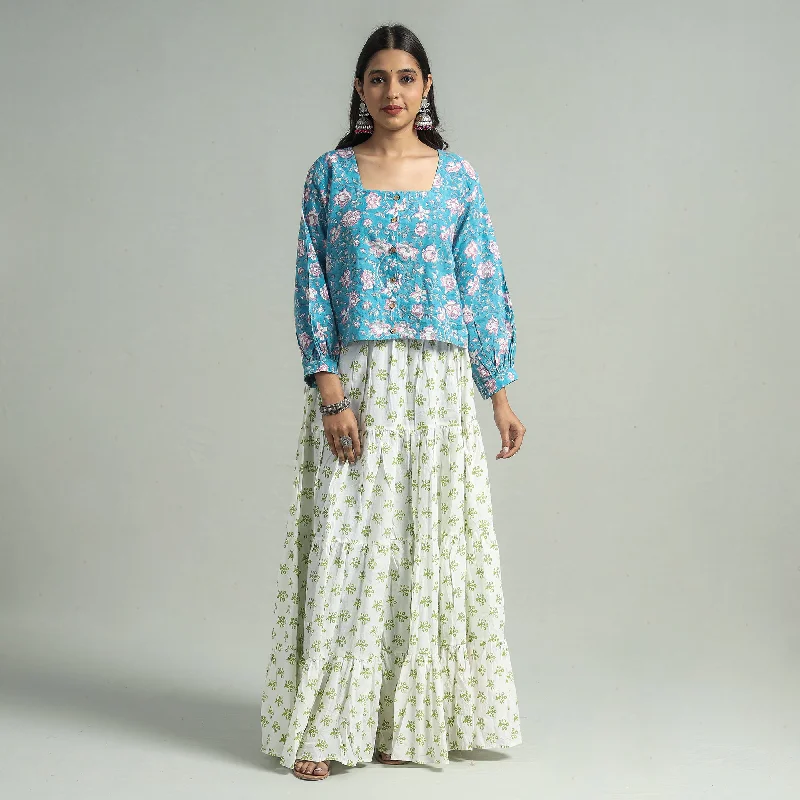 Versatile Women's Fashion White - Sanganeri Block Printed Tiered Cotton Long Skirt