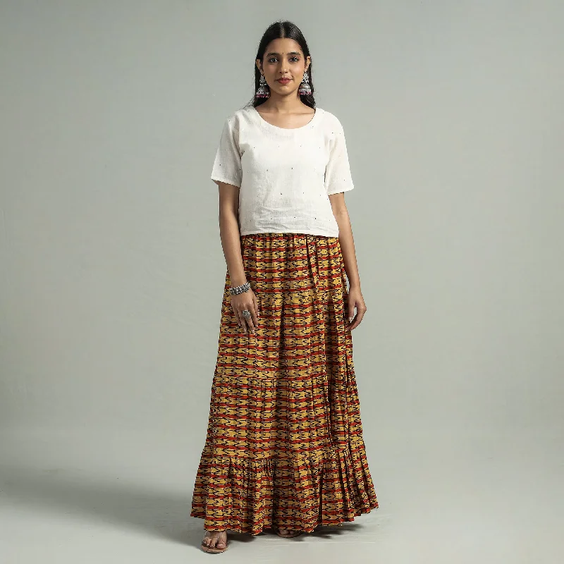 Workwear Fashion for Women Yellow - Sanganeri Block Printed Tiered Cotton Long Skirt