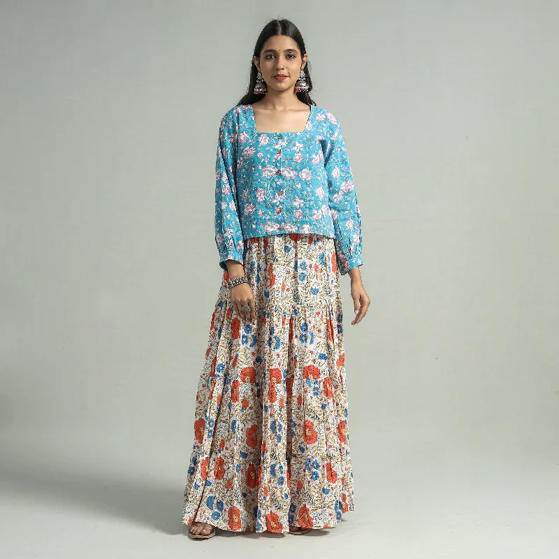 Exclusive Women's Fashion Collection Multicolor - Sanganeri Block Printed Tiered Cotton Long Skirt