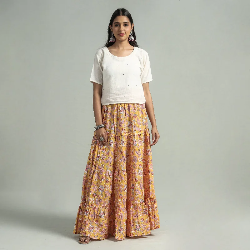 Unique Women's Fashion Pieces Yellow - Sanganeri Block Printed Tiered Cotton Long Skirt