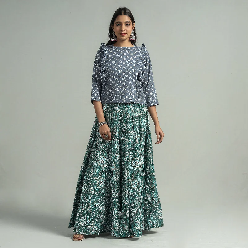 Chic Women's Clothing Green - Sanganeri Block Printed Tiered Cotton Long Skirt