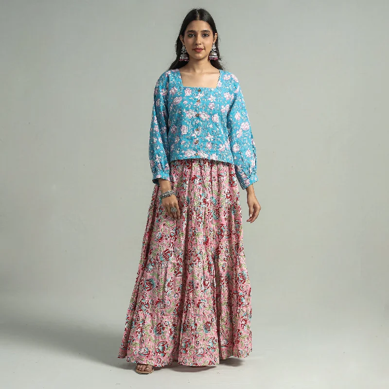 Women's Charming Outfit For Events Pink - Sanganeri Block Printed Tiered Cotton Long Skirt