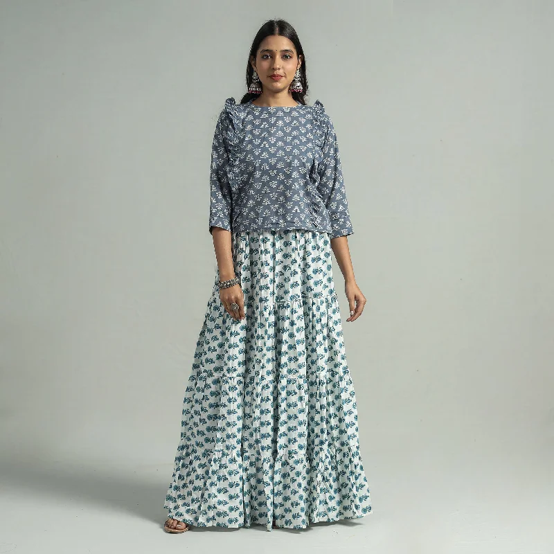 Feminine Dresses for Women in Bold Prints White - Sanganeri Block Printed Tiered Cotton Long Skirt