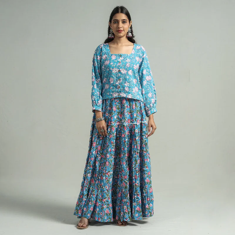 Minimalist Women's Fashion Clothing Blue - Sanganeri Block Printed Tiered Cotton Long Skirt