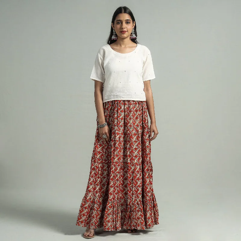 Flash Discount Red - Sanganeri Block Printed Tiered Cotton Long Skirt