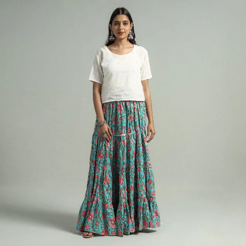 Sales For Clothes Blue - Sanganeri Block Printed Tiered Cotton Long Skirt