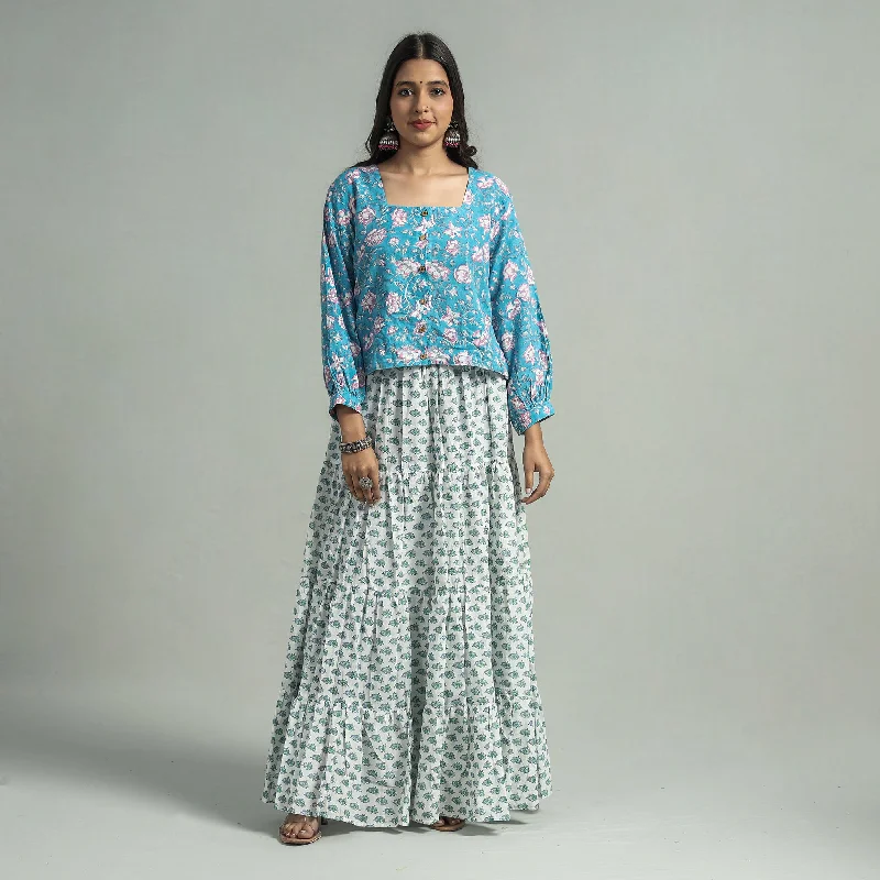 Sale Clearance White - Sanganeri Block Printed Tiered Cotton Long Skirt