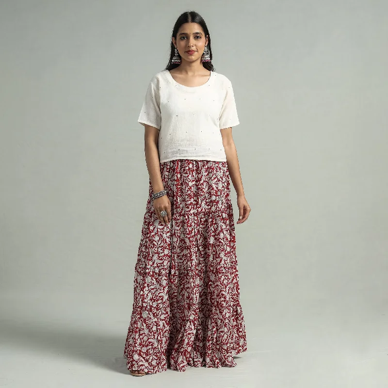 Online Boutiques Clothing Maroon - Sanganeri Block Printed Tiered Cotton Long Skirt