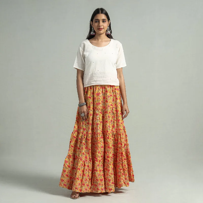 Clothing Brands Yellow - Sanganeri Block Printed Tiered Cotton Long Skirt