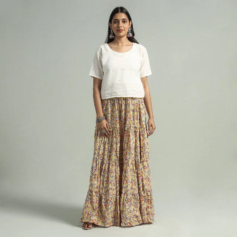 Women Clothing Yellow - Sanganeri Block Printed Tiered Cotton Long Skirt