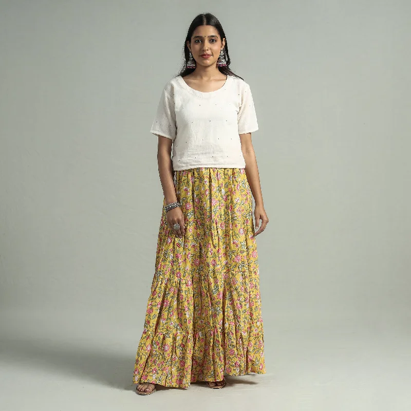 Trendy Outfits For Girls Yellow - Sanganeri Block Printed Tiered Cotton Long Skirt