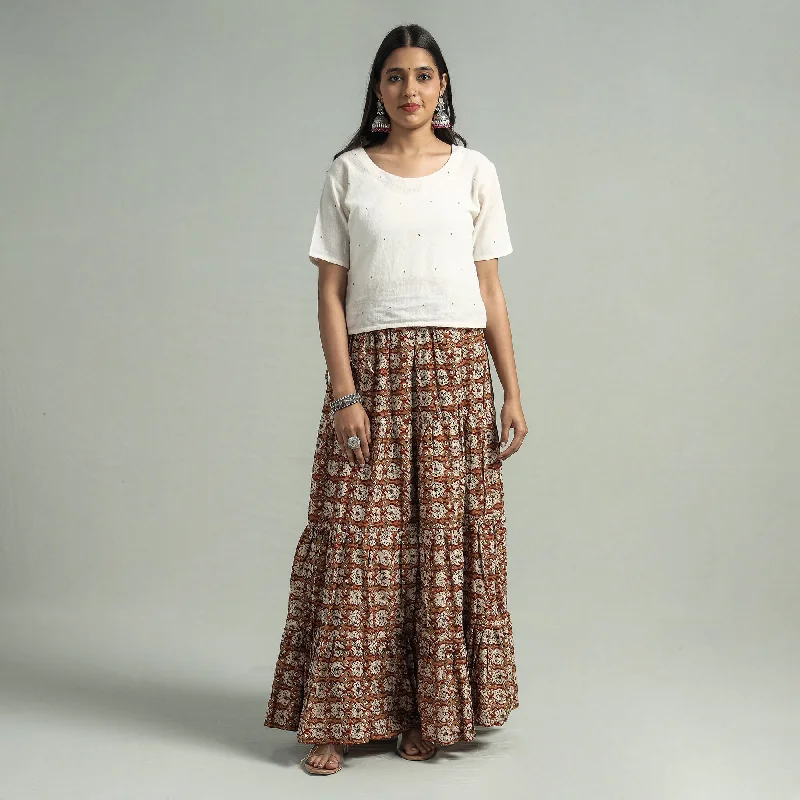 Women Wear Boutique Brown - Sanganeri Block Printed Tiered Cotton Long Skirt