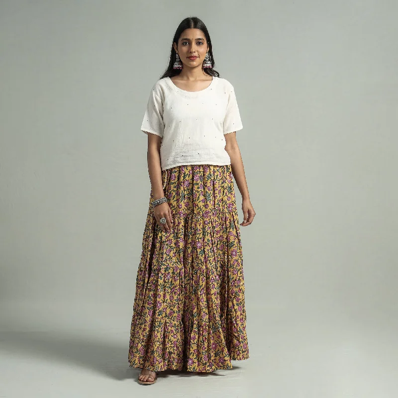 Clothes Of Woman Yellow - Sanganeri Block Printed Tiered Cotton Long Skirt