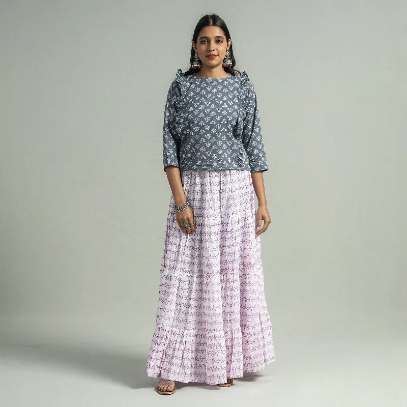 Women Clothes White - Sanganeri Block Printed Tiered Cotton Long Skirt