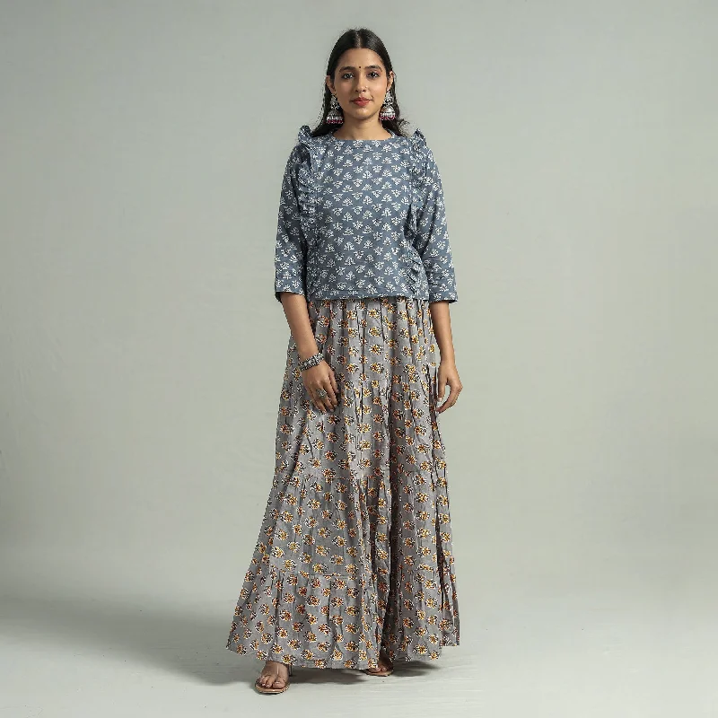 Best Boutiques Online Grey - Sanganeri Block Printed Tiered Cotton Long Skirt