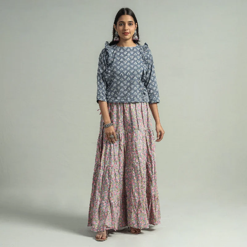 Online Impressions Boutique Grey - Sanganeri Block Printed Tiered Cotton Long Skirt