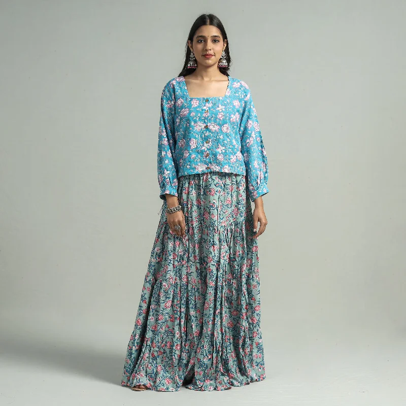 Exclusive Online Sale Blue - Sanganeri Block Printed Tiered Cotton Long Skirt