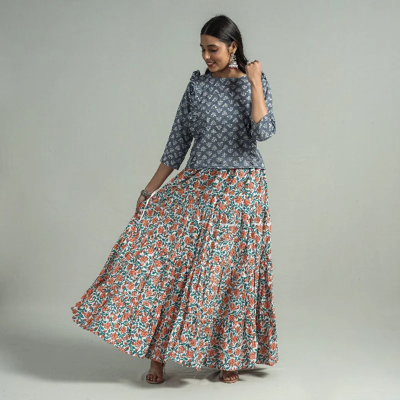 Women's Tailored Outfit Orange - Sanganeri Block Printed Tiered Cotton Long Skirt