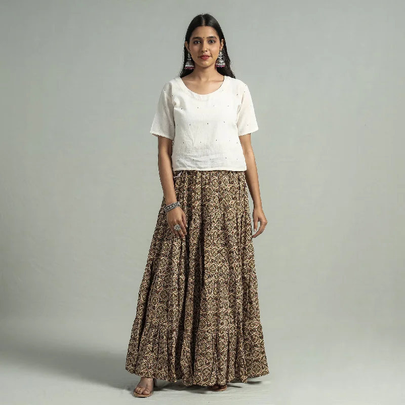 VIP Member Discount Beige - Sanganeri Block Printed Tiered Cotton Long Skirt