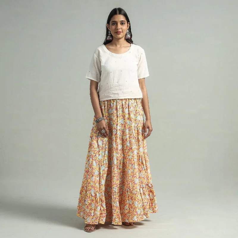 Flash Sale Event Yellow - Sanganeri Block Printed Tiered Cotton Long Skirt