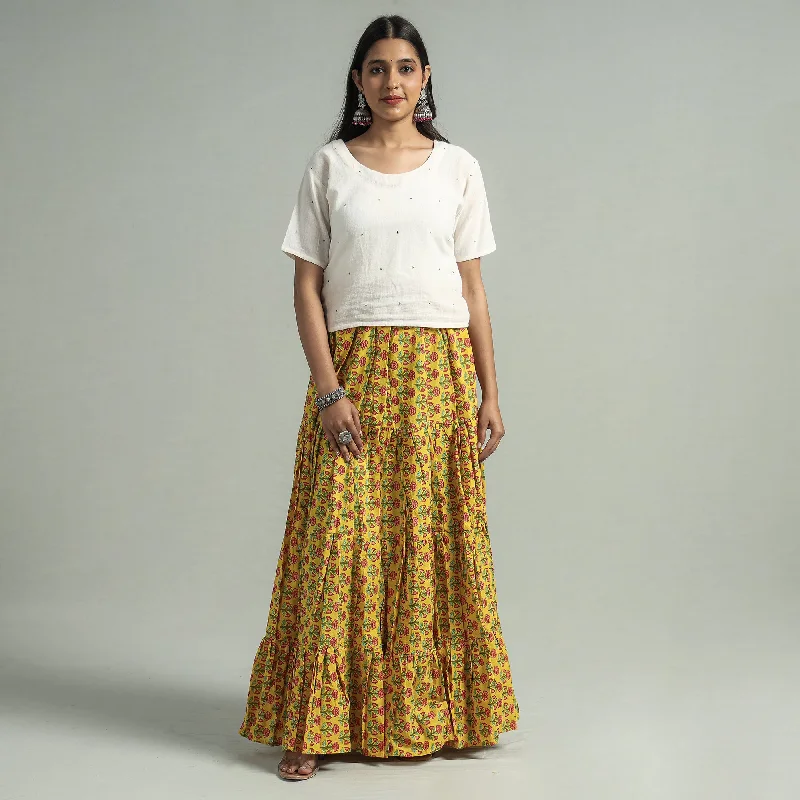 Luxury Fashion Yellow - Sanganeri Block Printed Tiered Cotton Long Skirt