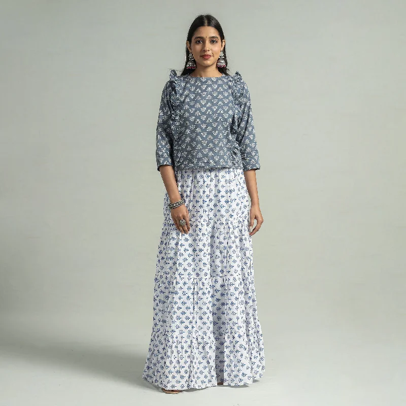 Business Casual Outfits White - Sanganeri Block Printed Tiered Cotton Long Skirt