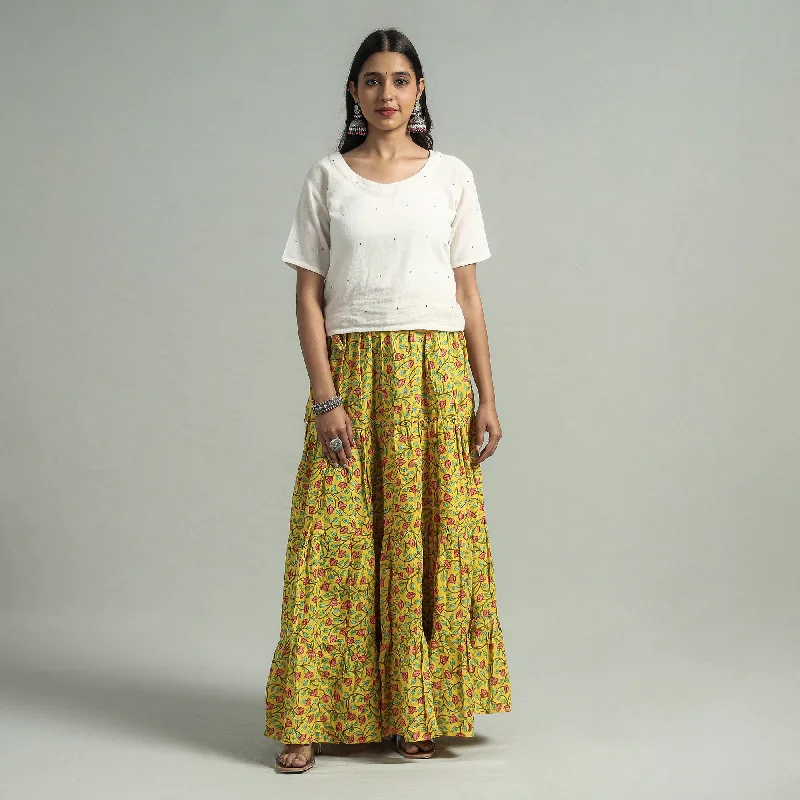 Street Style Fashion Yellow - Sanganeri Block Printed Tiered Cotton Long Skirt