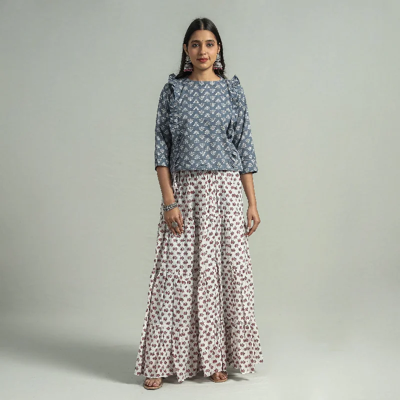 Bold Prints Casual Chic White - Sanganeri Block Printed Tiered Cotton Long Skirt