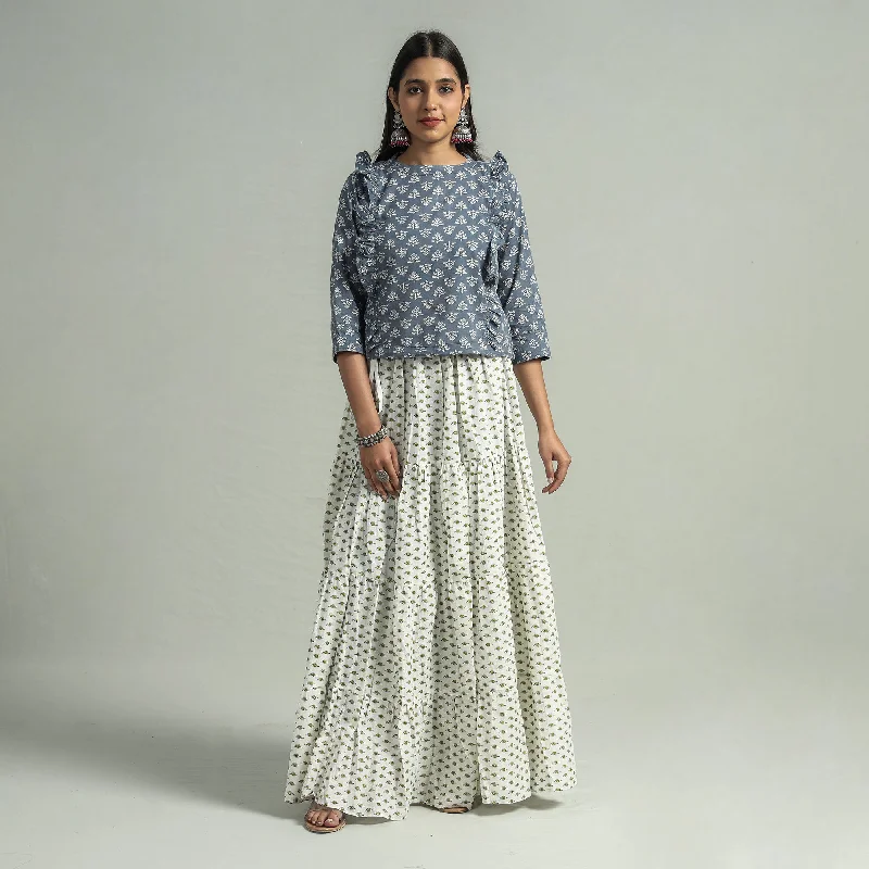 Luxe Women's Fashion White - Sanganeri Block Printed Tiered Cotton Long Skirt