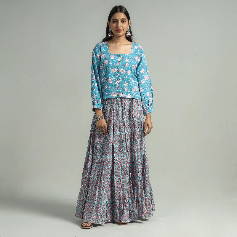 Women's Evening Wear Outfit Blue - Sanganeri Block Printed Tiered Cotton Long Skirt