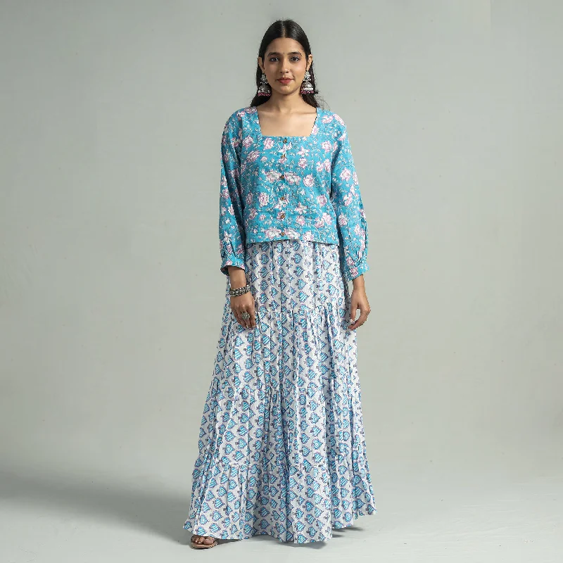 Graceful Fashion White - Sanganeri Block Printed Tiered Cotton Long Skirt