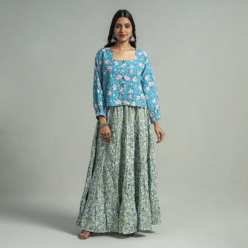 Free Spirited Fashion Blue - Sanganeri Block Printed Tiered Cotton Long Skirt