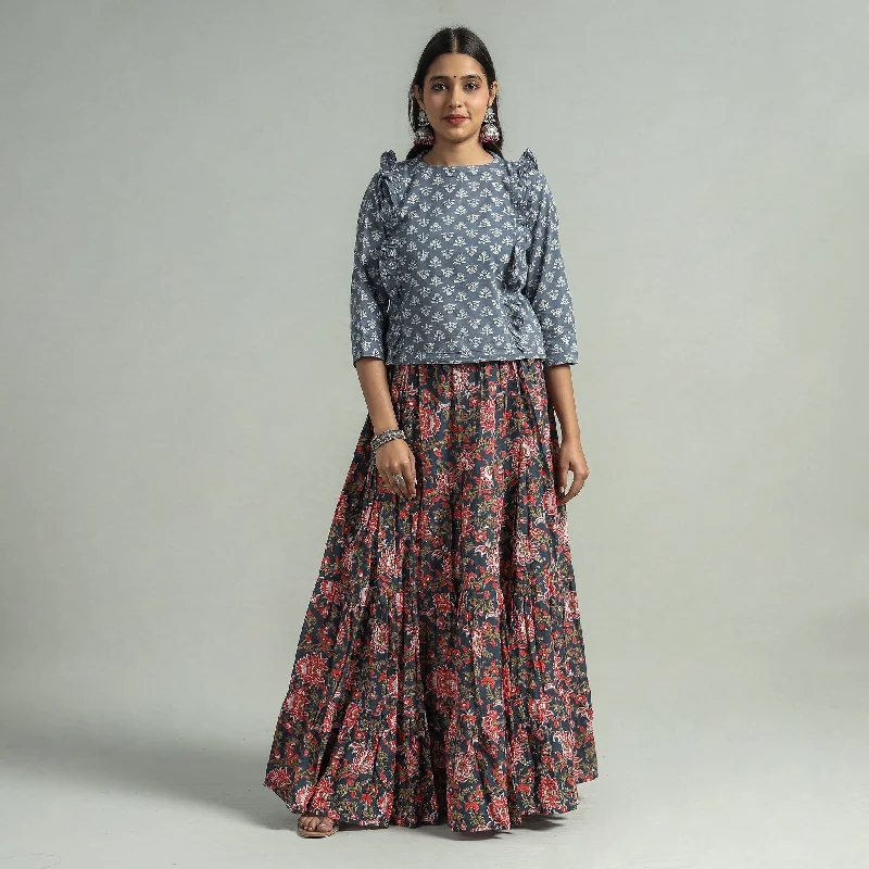 Women's Athletic Outfit Blue - Sanganeri Block Printed Tiered Cotton Long Skirt