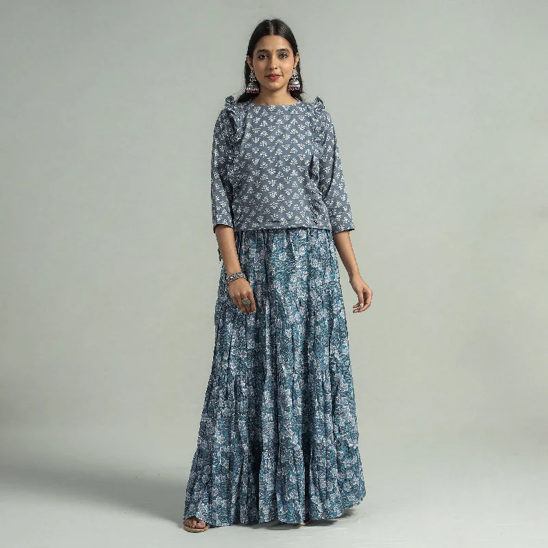 Women's Evening Outfit Blue - Sanganeri Block Printed Tiered Cotton Long Skirt