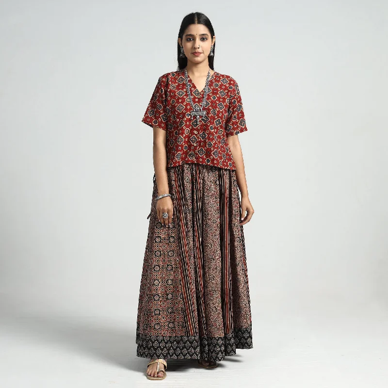 Affordable Luxury Women's Apparel Brown - Ajrakh Block Printed 24 Kali Patchwork Cotton Long Skirt