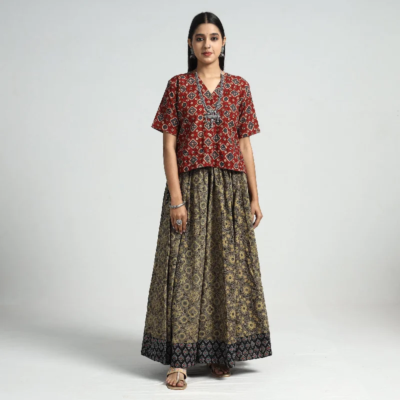 Women's Chic Apparel Brown - Ajrakh Block Printed 24 Kali Patchwork Cotton Long Skirt