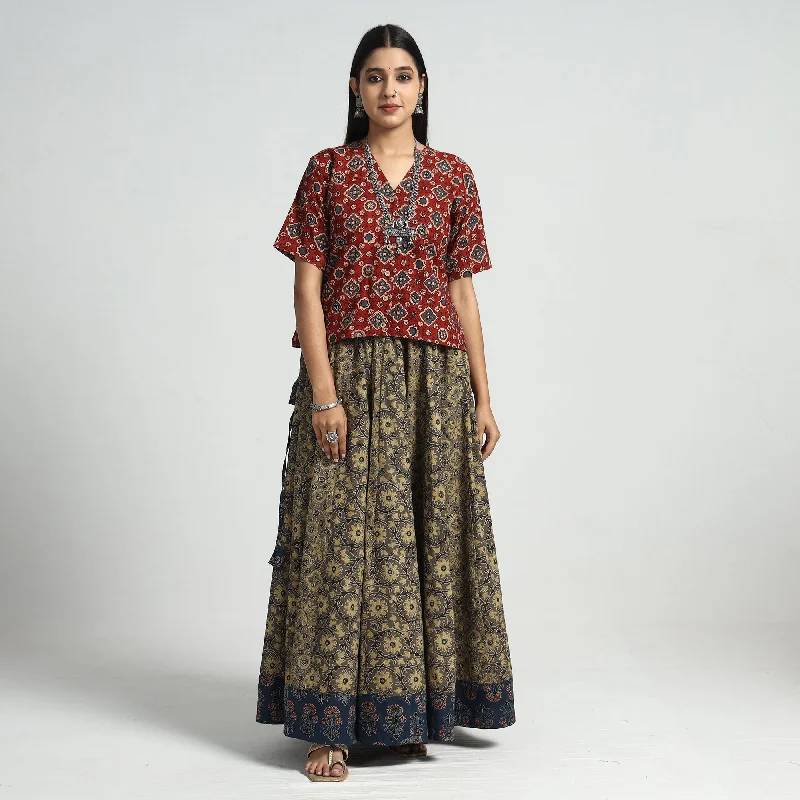 Vintage-Inspired Women's Apparel Brown - Ajrakh Block Printed 24 Kali Patchwork Cotton Long Skirt