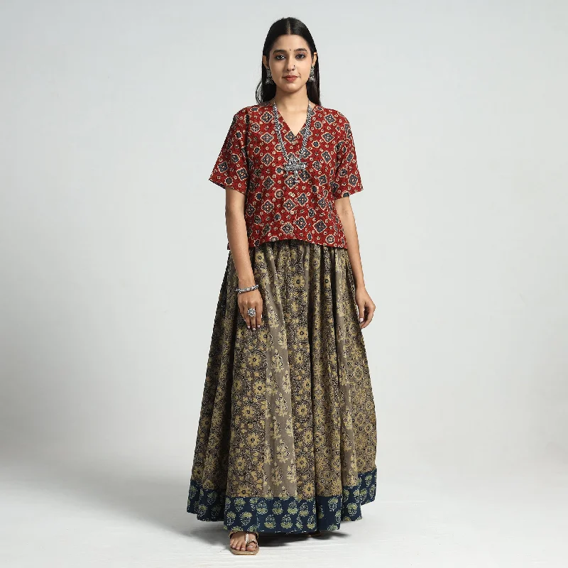 Women's Casual Apparel Brown - Ajrakh Block Printed 24 Kali Patchwork Cotton Long Skirt