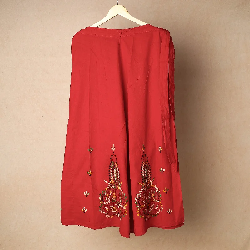 Fashion Sale Red - Bengal Kantha Embroidery Cotton Wrap Around Skirt