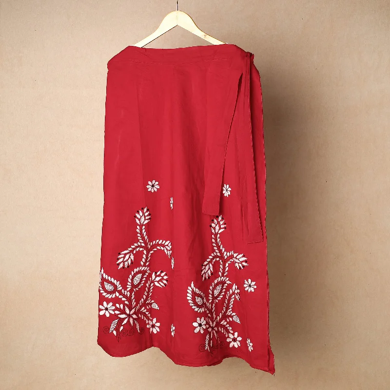 Evening Looks Red - Bengal Kantha Embroidery Cotton Wrap Around Skirt