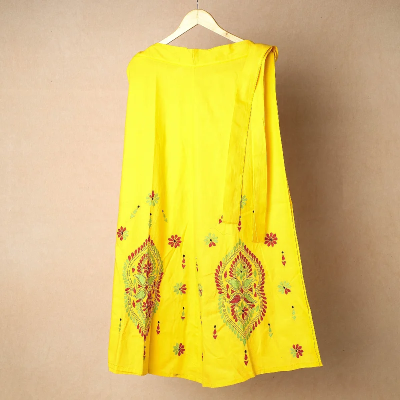 Stylish Savings Yellow - Bengal Kantha Embroidery Cotton Wrap Around Skirt