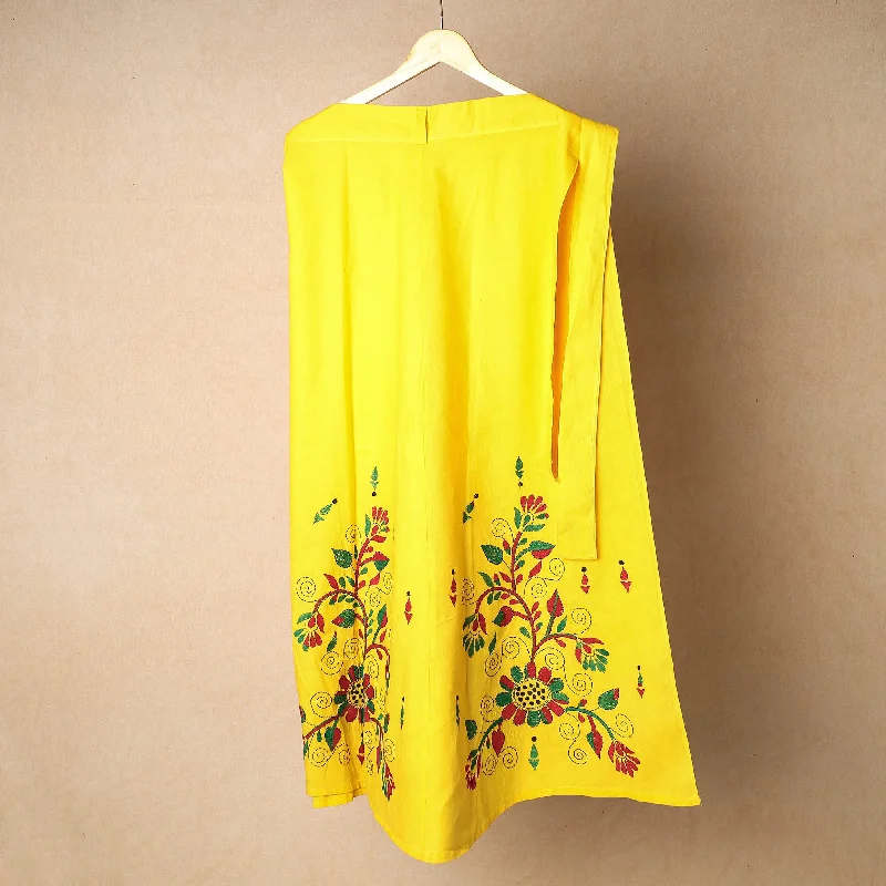 Casual Chic Yellow - Bengal Kantha Embroidery Cotton Wrap Around Skirt