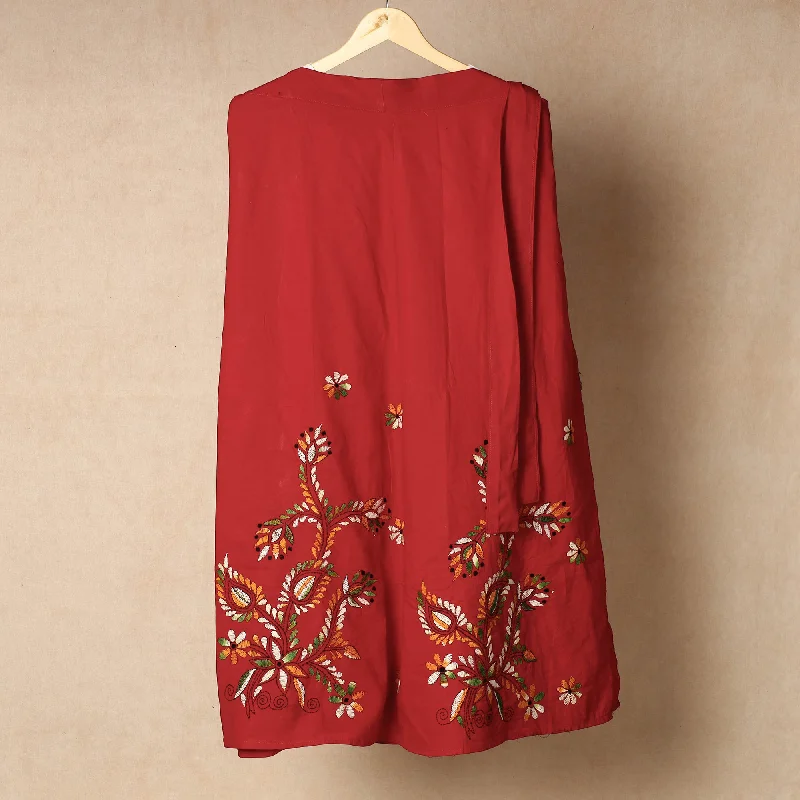 Women's Casual Apparel For Weekends Red - Bengal Kantha Embroidery Cotton Wrap Around Skirt