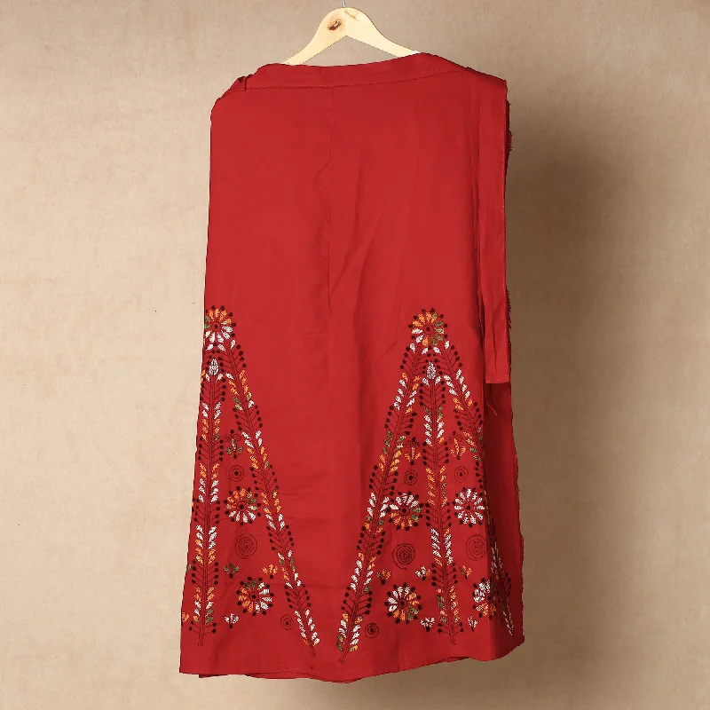 Women's Wedding Apparel Red - Bengal Kantha Embroidery Cotton Wrap Around Skirt