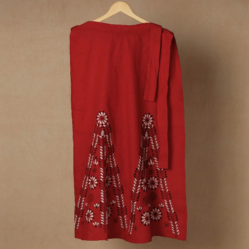 Women's Work Apparel Red - Bengal Kantha Embroidery Cotton Wrap Around Skirt