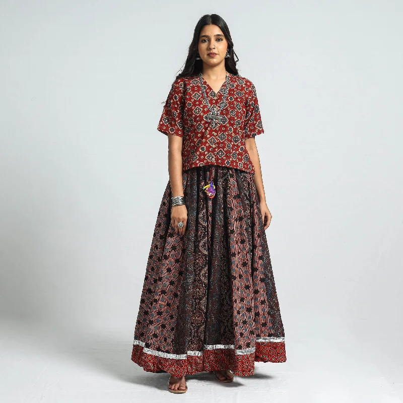 Women's Casual Attire Black - Ajrakh Block Printed 24 Kali Patchwork Cotton Long Skirt