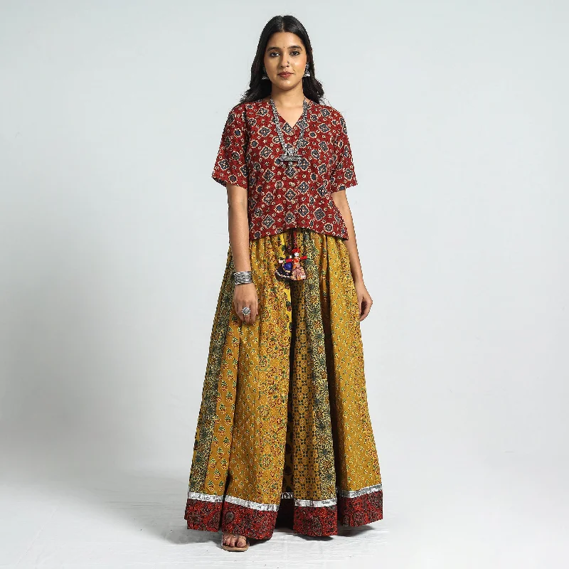 Women's Weekend Outfit Yellow - Ajrakh Block Printed 24 Kali Patchwork Cotton Long Skirt