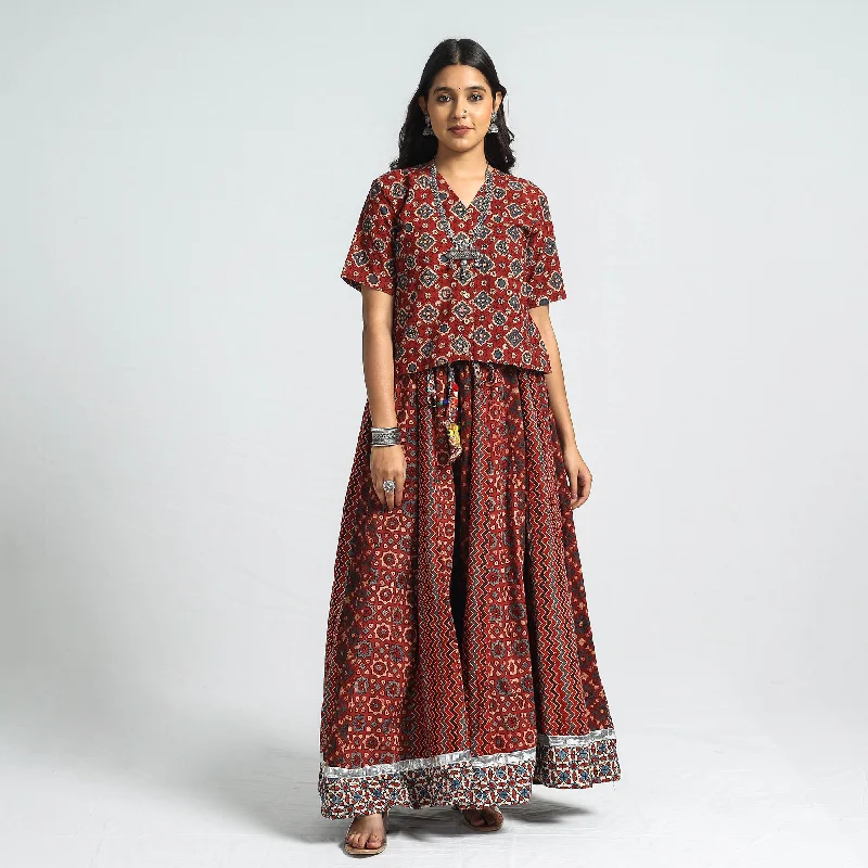 Elegant Women's Attire Red - Ajrakh Block Printed 24 Kali Patchwork Cotton Long Skirt